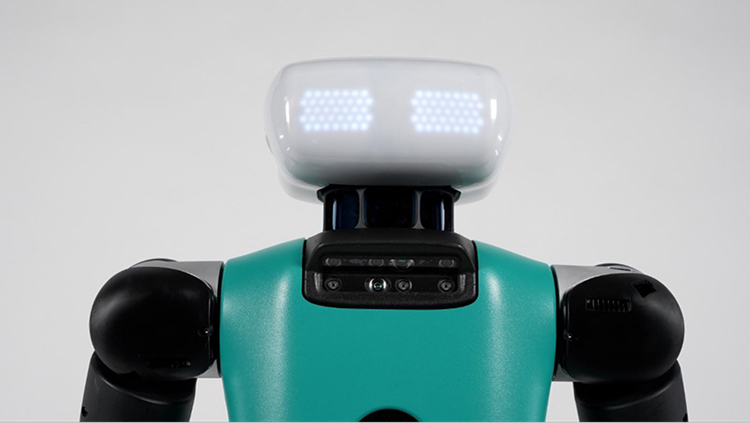 Embedded in the neck of the robot, Intel RealSense Depth Camera D455 gathers 3D information for object detection, collision avoidance, and terrain mapping.